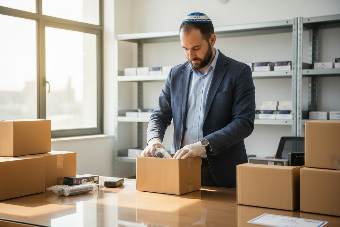 בעל עסק אורז מוצרים עם ברקודים למשלוח ללקוחות ברחבי העולם.