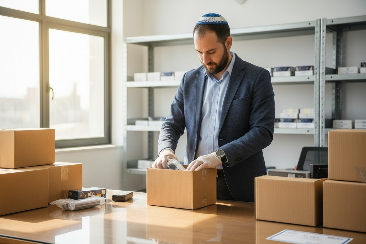 בעל עסק אורז מוצרים עם ברקודים למשלוח ללקוחות ברחבי העולם.