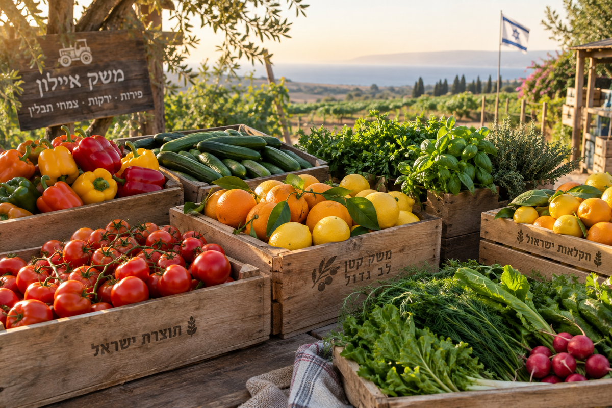 פירות וירקות ארוזים עם ברקודים במשק חקלאי קטן בישראל